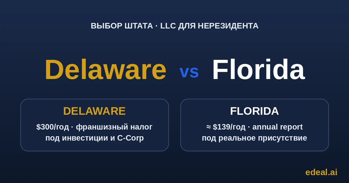 Delaware vs Florida comparison for a non-resident LLC — two signposts with state seals and a scale between them