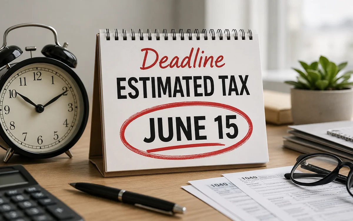 IRS Form 1040-ES рядом с календарём и обведённой датой 15 июня — иллюстрация дедлайна квартального налога в США