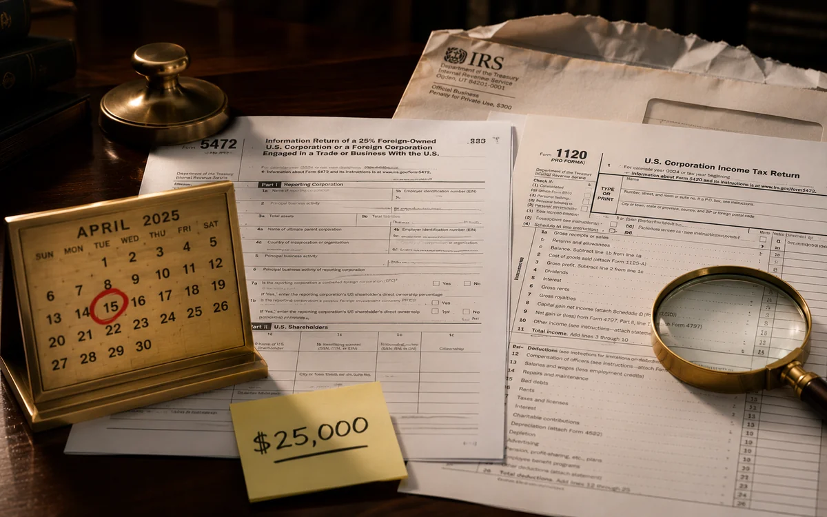 IRS Form 5472 и pro forma 1120 на столе рядом с конвертом IRS, календарь с обведённой датой 15 апреля и стикер $25,000 — метафора дедлайна и штрафа за пропуск