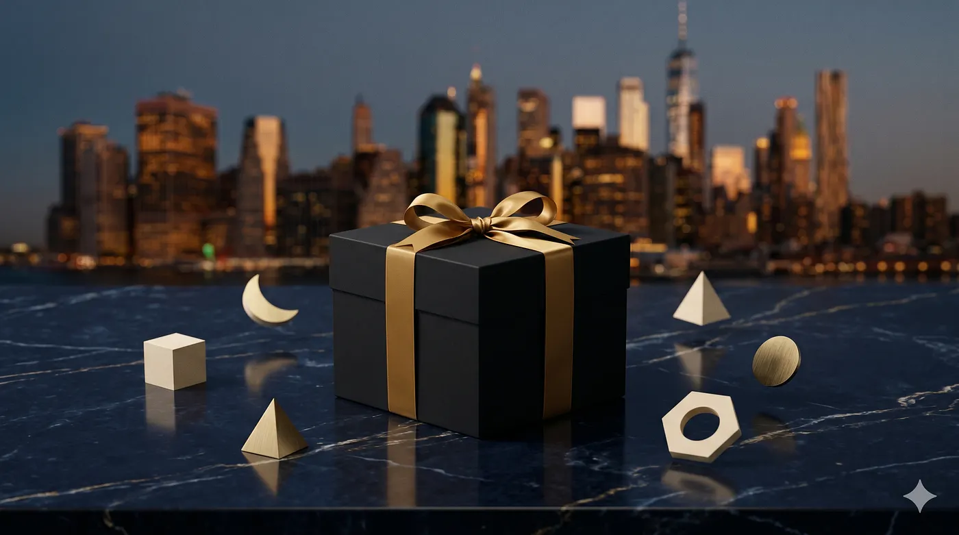 A black gift box with a gold ribbon sits on a polished marble table, surrounded by scattered golden geometric shapes — a cube, a pyramid, a hexagon, a sphere, and a crescent. The Manhattan skyline glows in the warm evening light in the background. A visual metaphor for the US market as a set of opportunities for non-resident founders.
