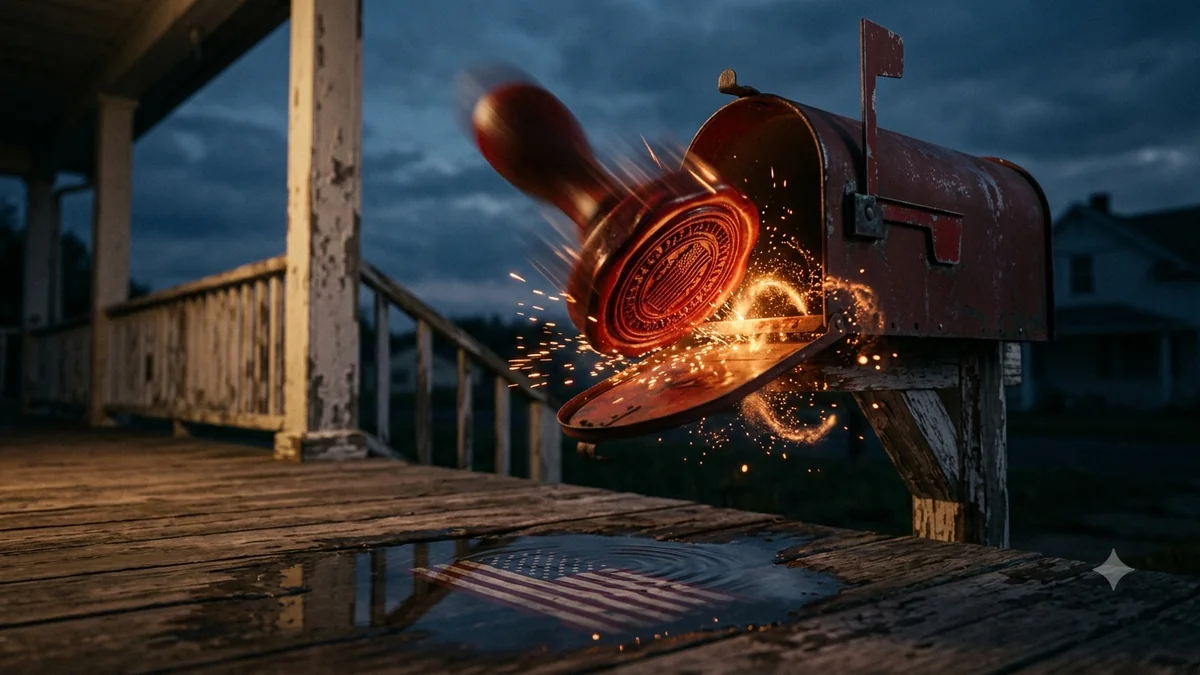 A mailbox with an IRS wax seal bursting out of it, standing for an automatic penalty notice — illustration for a breakdown of automatic Form 5472 enforcement in 2026