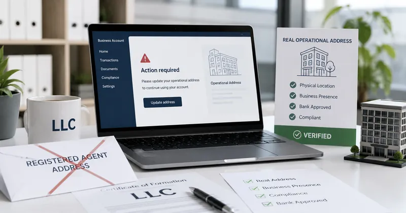 Laptop showing a bank request to update operational address, a crossed-out registered-agent envelope and a REAL OPERATIONAL ADDRESS sign