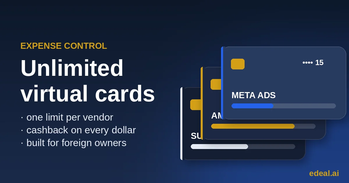 A set of virtual corporate cards with individual limits over a spend management dashboard — illustration of a corporate card for a non-resident US company