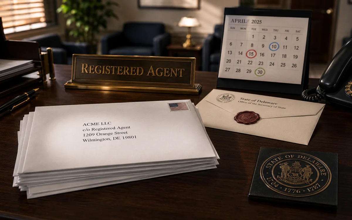 An office mail desk with envelopes addressed to an LLC, a Registered Agent name plate, and a calendar — a visual of the intermediary between the state and the company