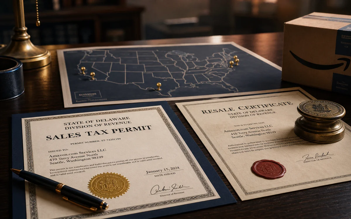 Документы Resale Certificate и Sales Tax Permit на столе рядом с упаковкой Amazon FBA — иллюстрация регистрации в штате prep-центра