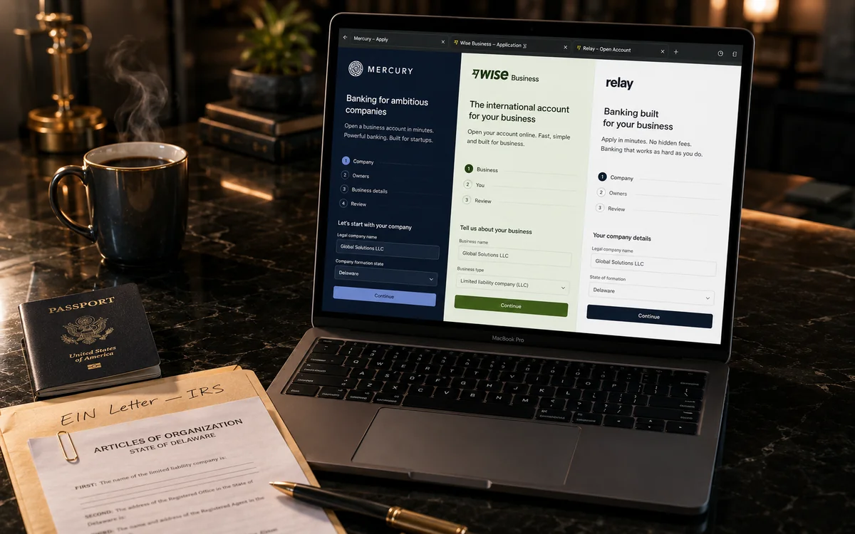 Ноутбук с открытыми сайтами Mercury, Wise и Relay, рядом паспорт, документы EIN и Articles of Organization — метафора подготовки пакета на банковский KYC